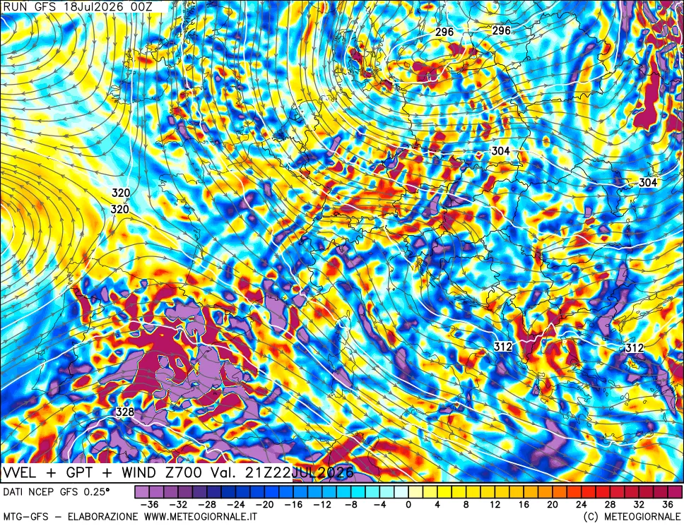 mappa 700 hPa Velocità verticiali + GPT + Vento