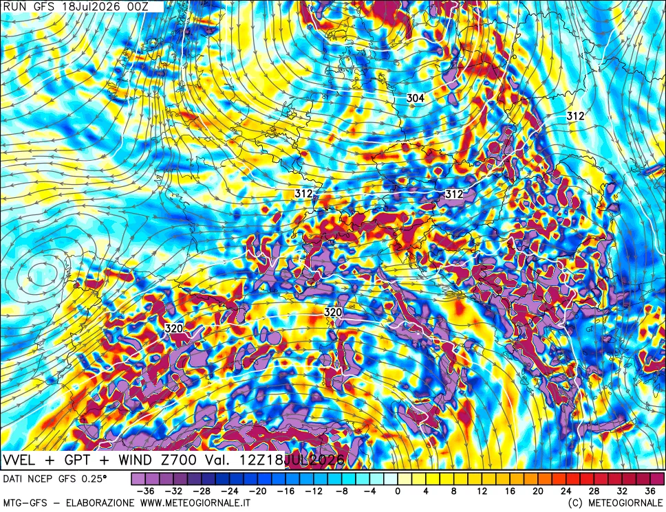 mappa 700 hPa Velocità verticiali + GPT + Vento