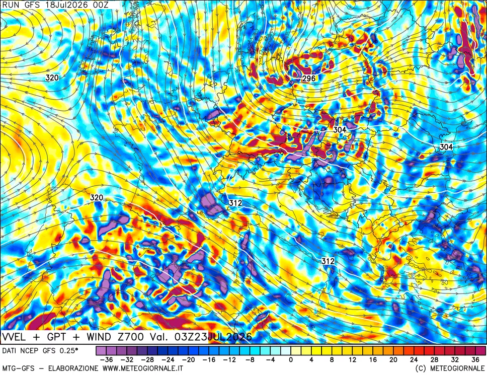 mappa 700 hPa Velocità verticiali + GPT + Vento