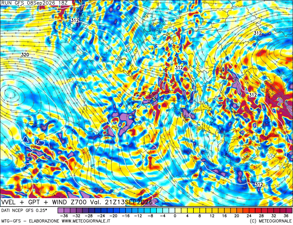mappa 700 hPa Velocità verticiali + GPT + Vento