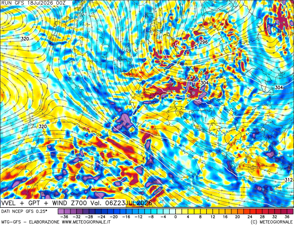 mappa 700 hPa Velocità verticiali + GPT + Vento