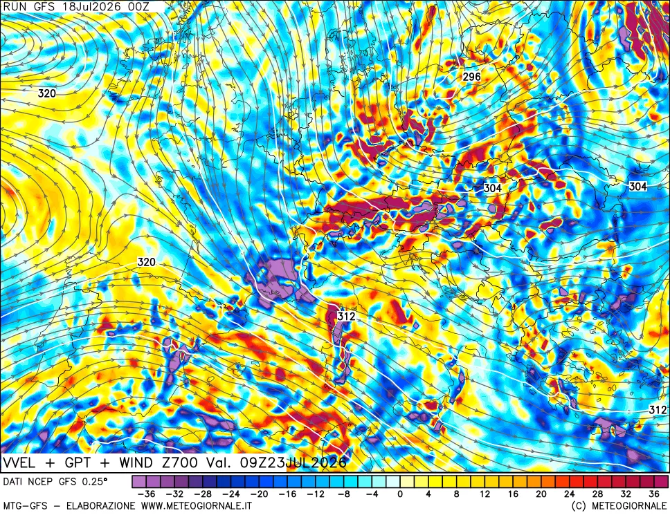 mappa 700 hPa Velocità verticiali + GPT + Vento