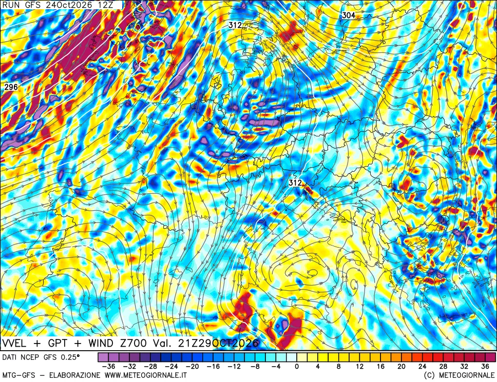 mappa 700 hPa Velocità verticiali + GPT + Vento