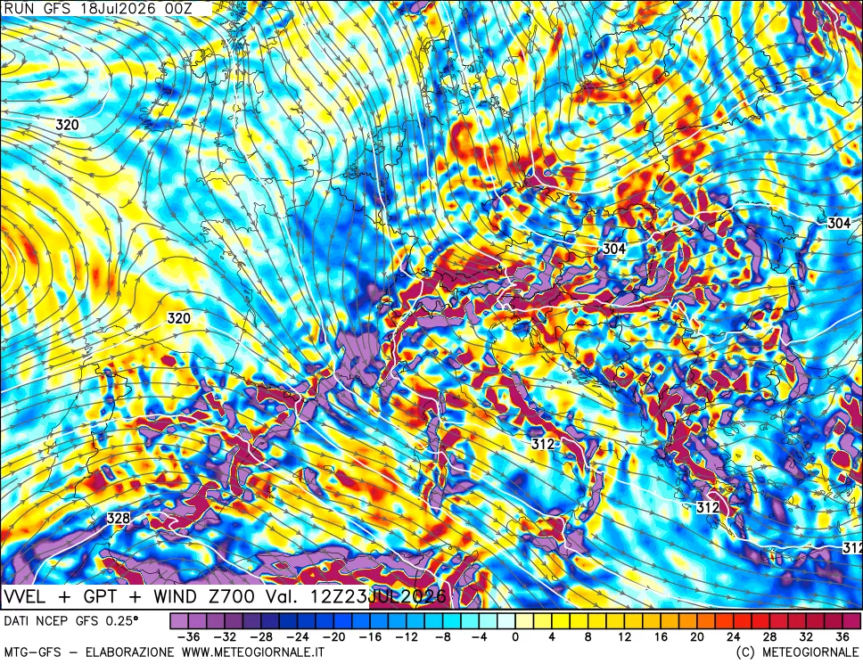 mappa 700 hPa Velocità verticiali + GPT + Vento