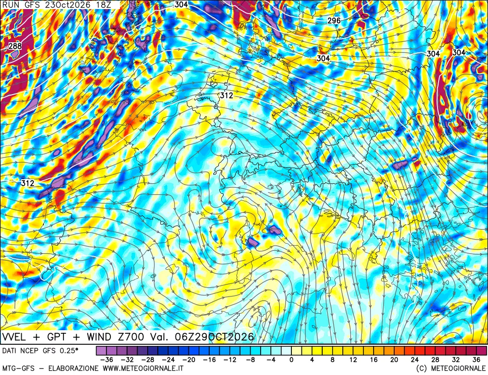 mappa 700 hPa Velocità verticiali + GPT + Vento
