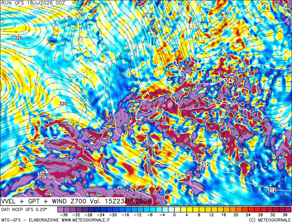 mappa 700 hPa Velocità verticiali + GPT + Vento