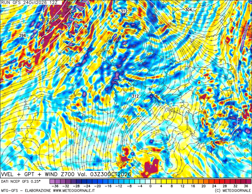 mappa 700 hPa Velocità verticiali + GPT + Vento