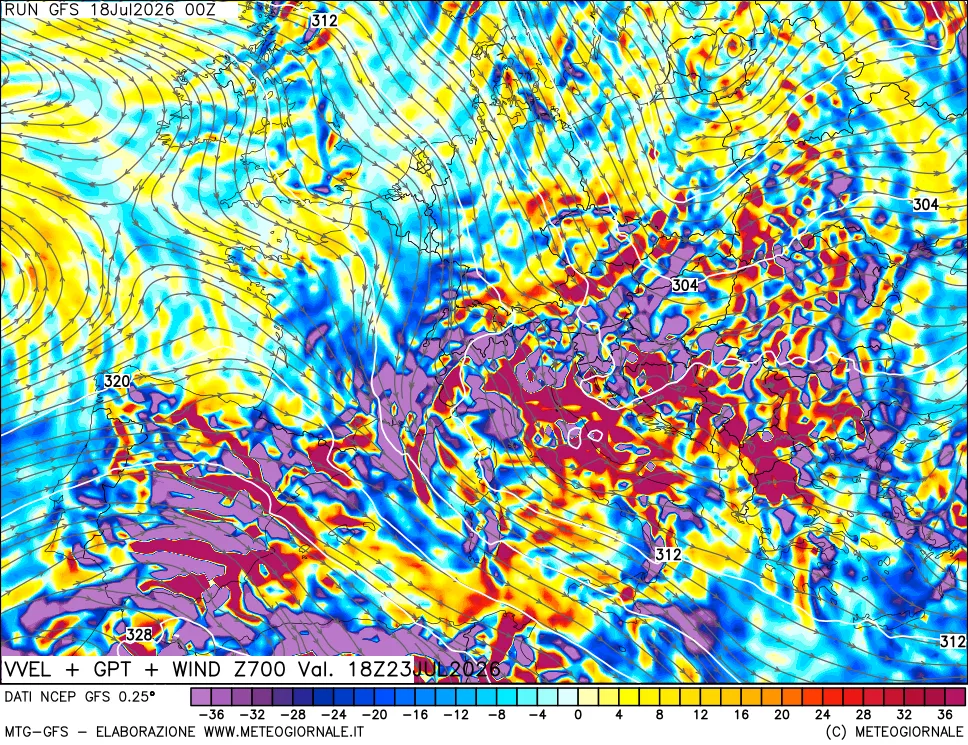 mappa 700 hPa Velocità verticiali + GPT + Vento