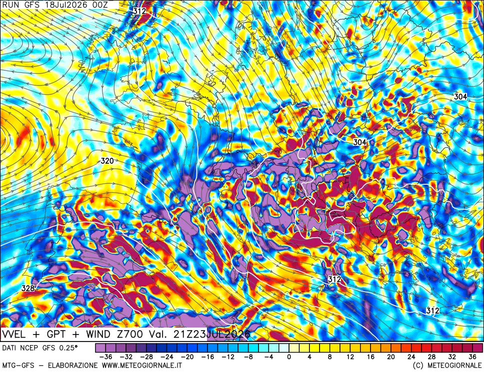 mappa 700 hPa Velocità verticiali + GPT + Vento
