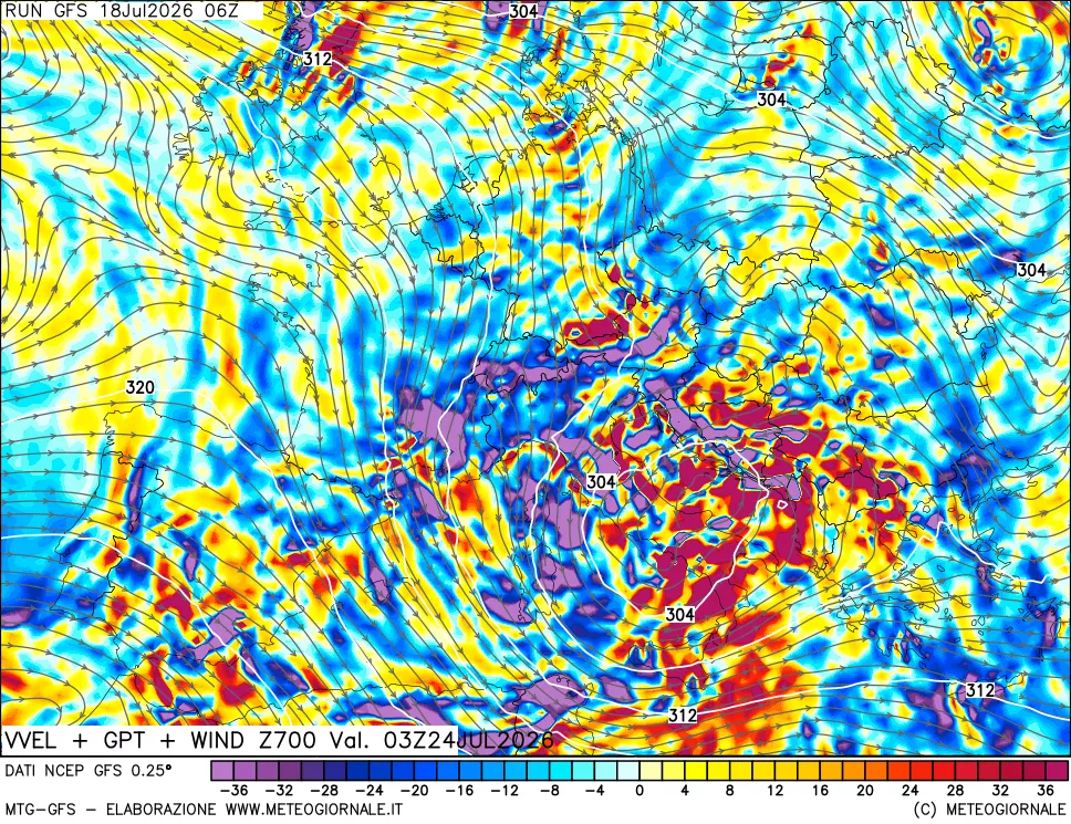 mappa 700 hPa Velocità verticiali + GPT + Vento