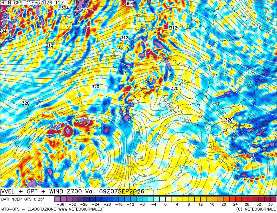 mappa 700 hPa Velocità verticiali + GPT + Vento