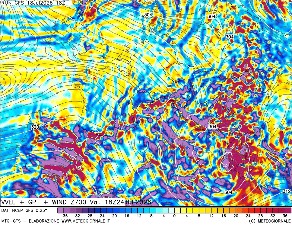 mappa 700 hPa Velocità verticiali + GPT + Vento