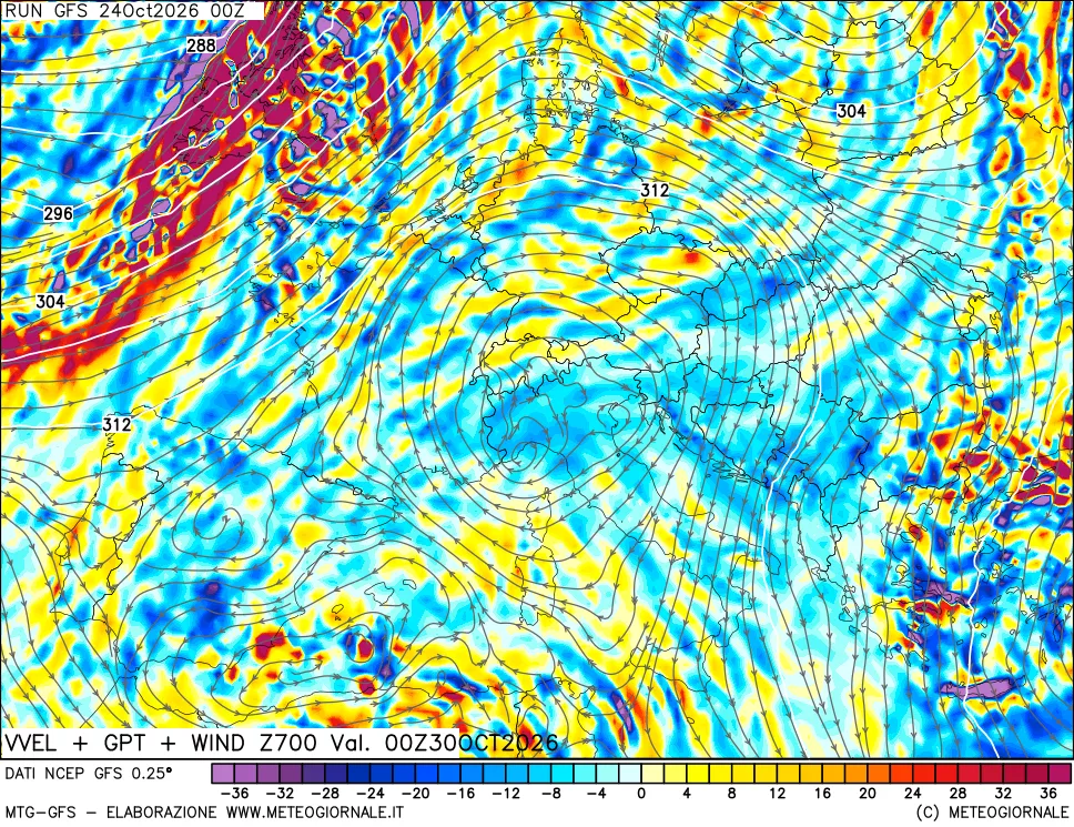 mappa 700 hPa Velocità verticiali + GPT + Vento