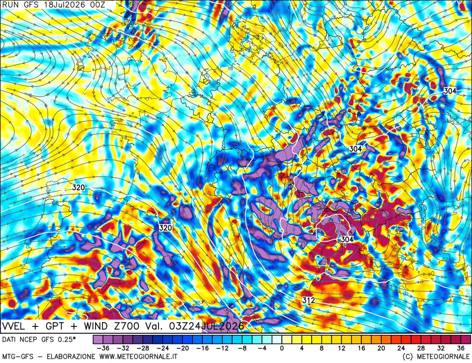 mappa 700 hPa Velocità verticiali + GPT + Vento
