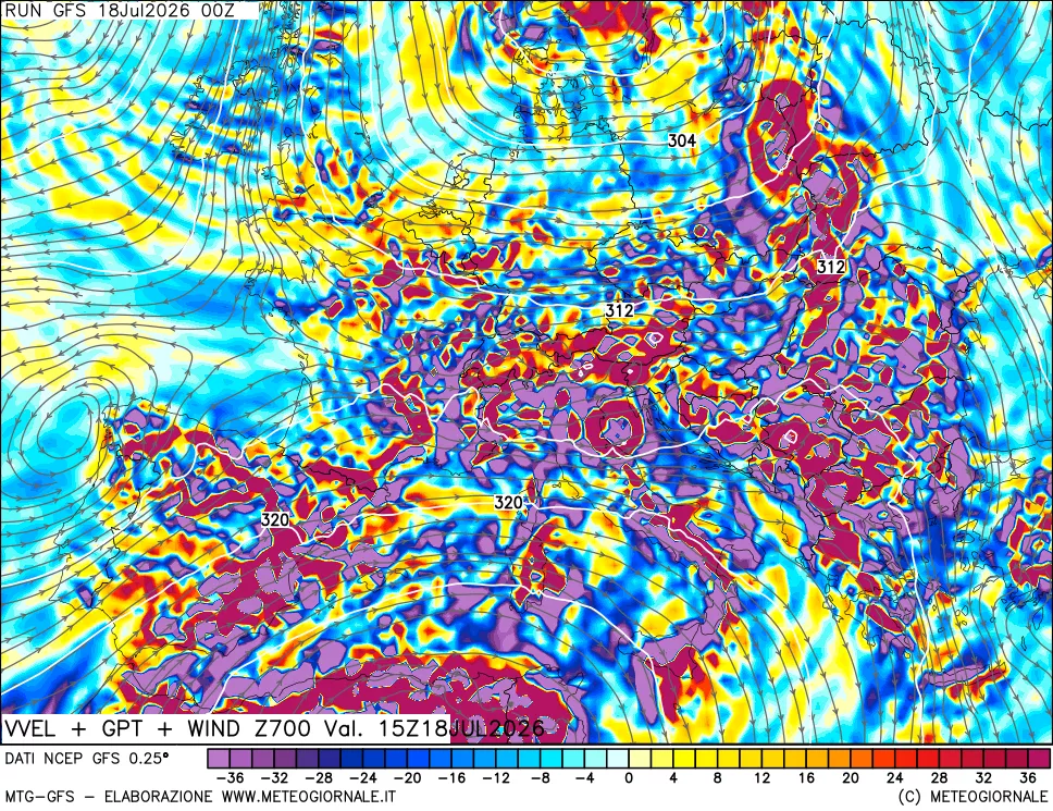 mappa 700 hPa Velocità verticiali + GPT + Vento