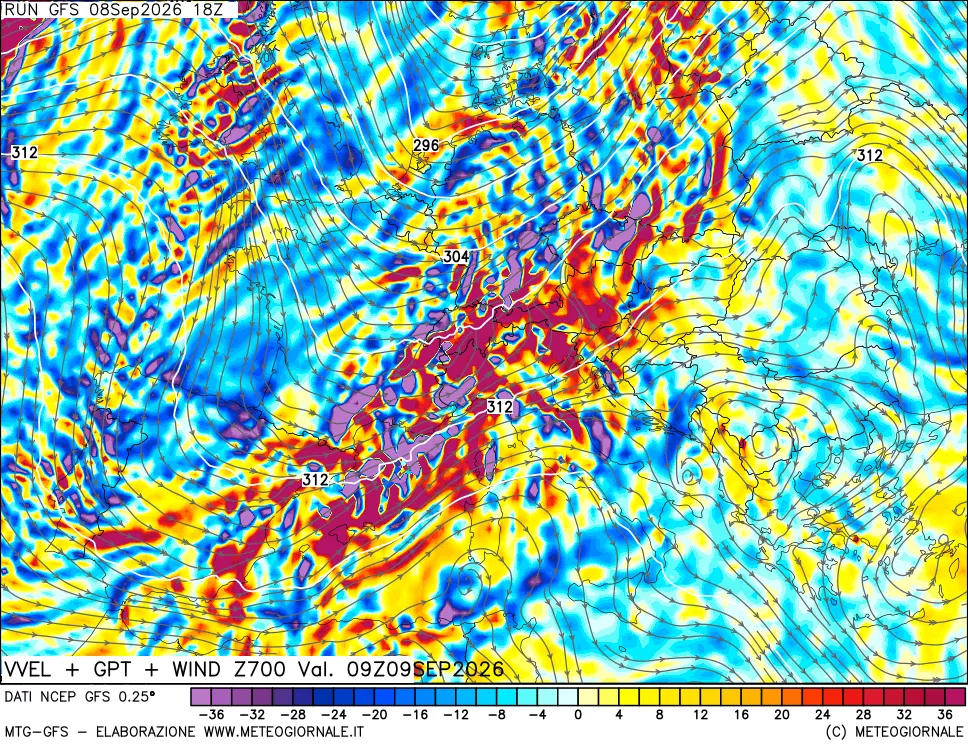 mappa 700 hPa Velocità verticiali + GPT + Vento