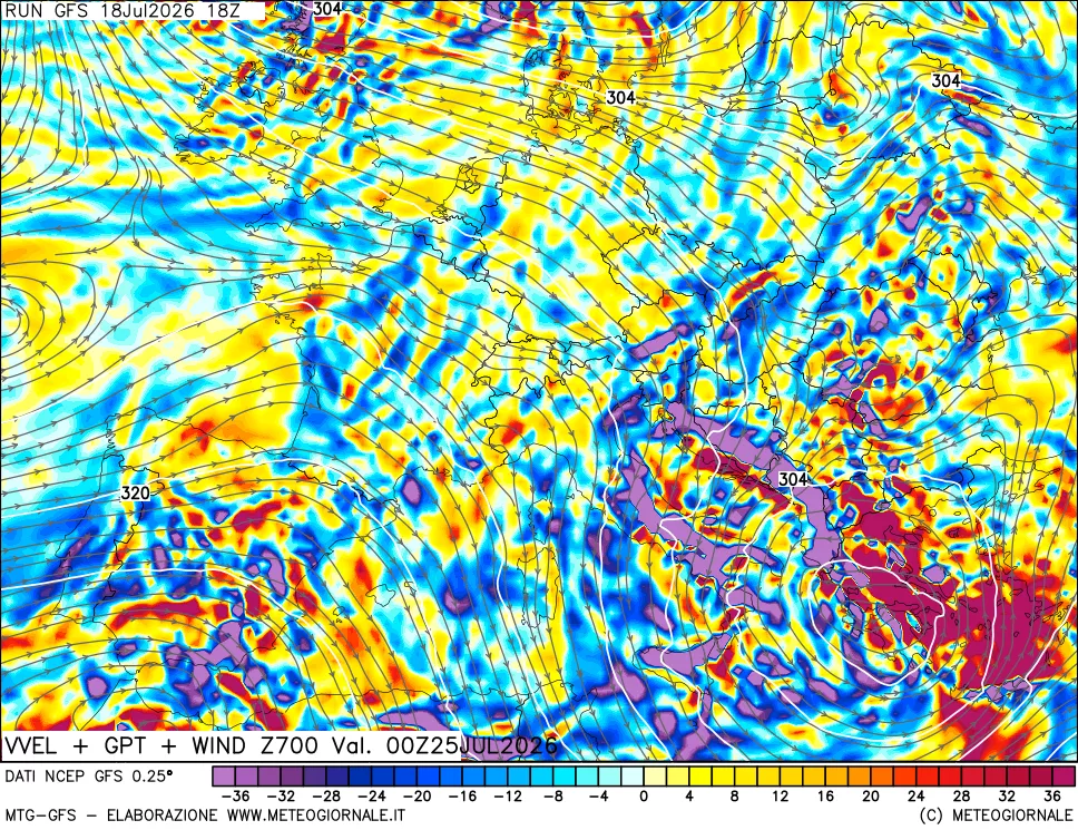 mappa 700 hPa Velocità verticiali + GPT + Vento