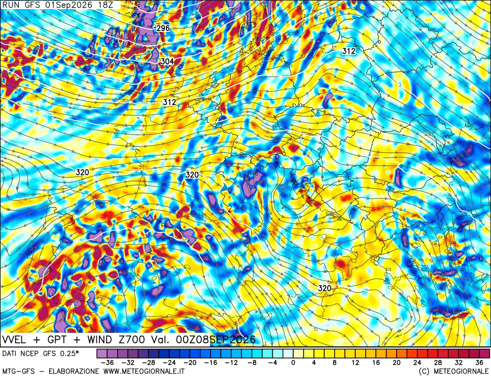 mappa 700 hPa Velocità verticiali + GPT + Vento