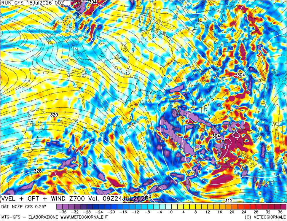 mappa 700 hPa Velocità verticiali + GPT + Vento