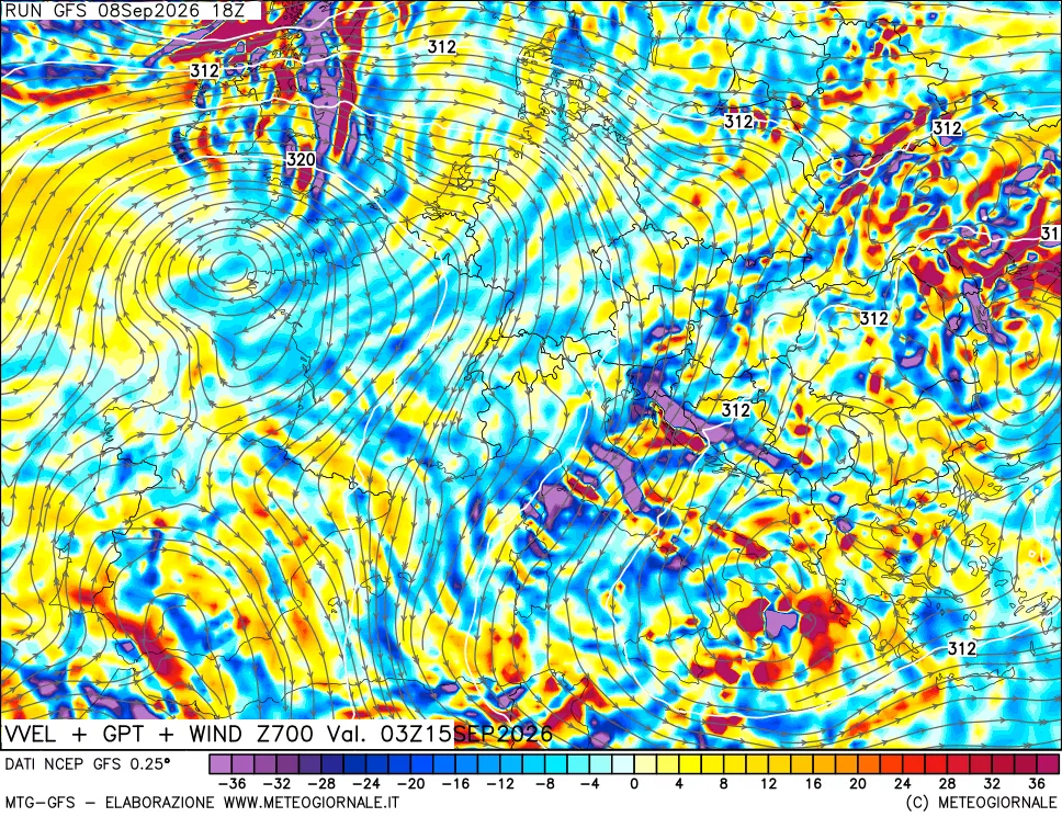 mappa 700 hPa Velocità verticiali + GPT + Vento