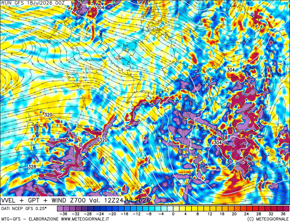 mappa 700 hPa Velocità verticiali + GPT + Vento