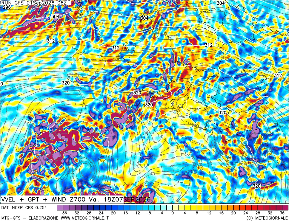 mappa 700 hPa Velocità verticiali + GPT + Vento