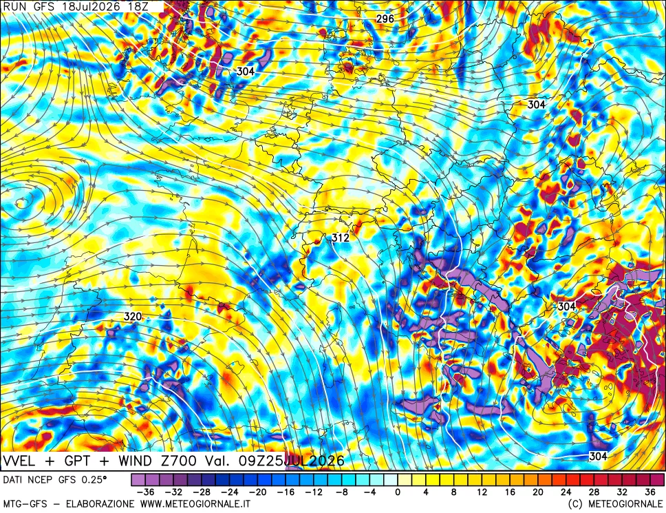 mappa 700 hPa Velocità verticiali + GPT + Vento