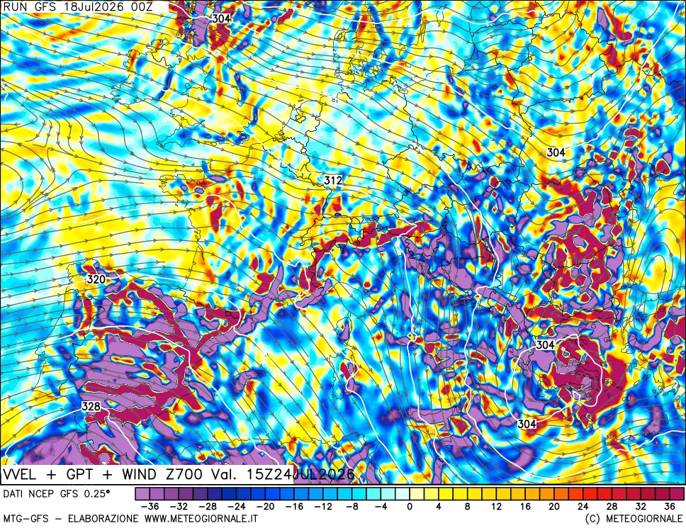 mappa 700 hPa Velocità verticiali + GPT + Vento