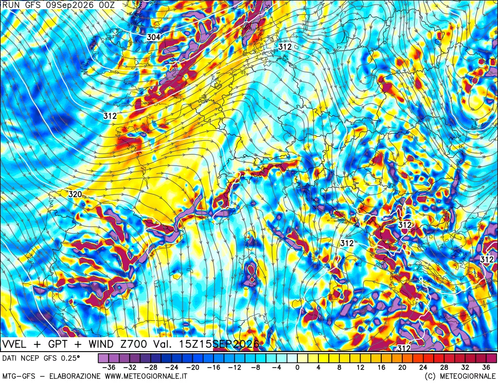 mappa 700 hPa Velocità verticiali + GPT + Vento