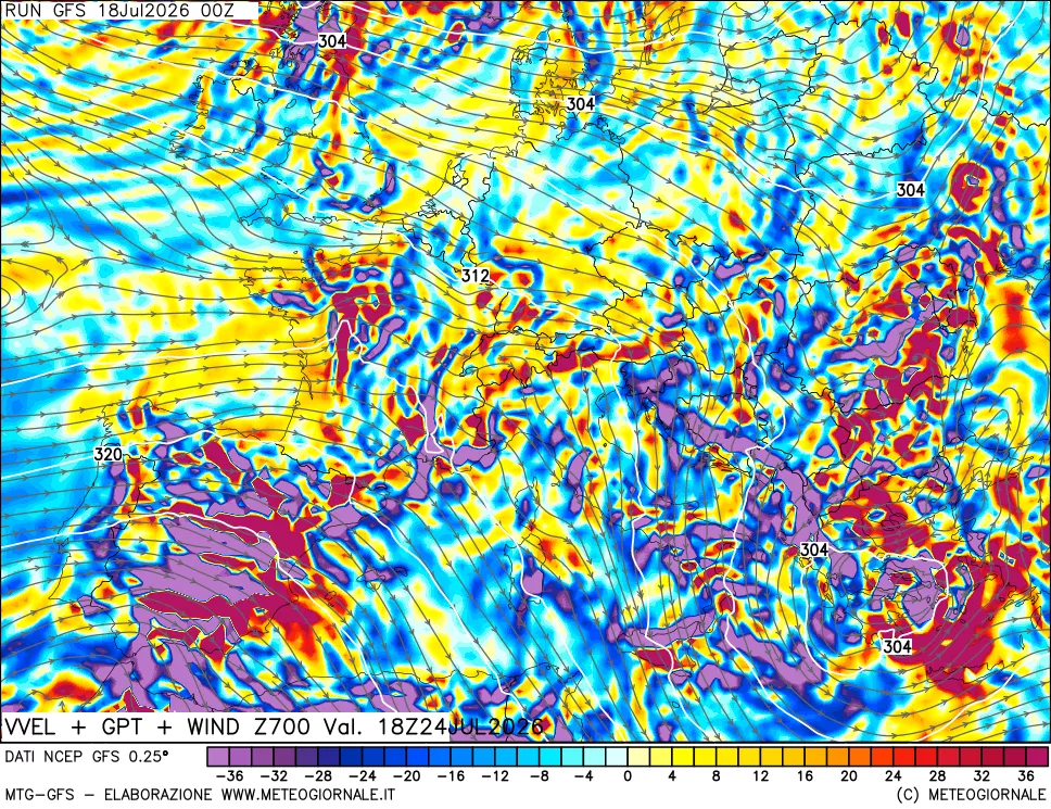 mappa 700 hPa Velocità verticiali + GPT + Vento