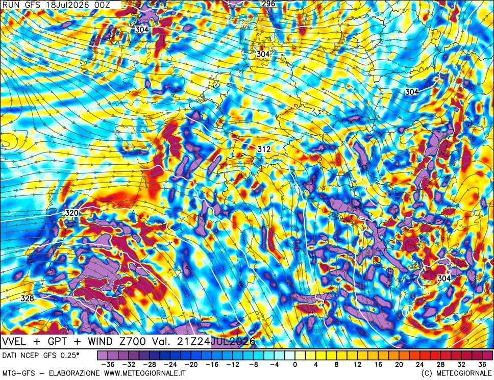 mappa 700 hPa Velocità verticiali + GPT + Vento