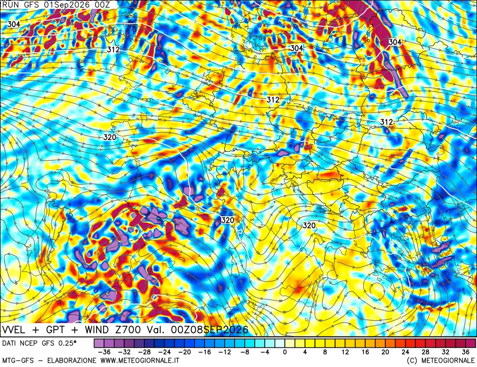 mappa 700 hPa Velocità verticiali + GPT + Vento