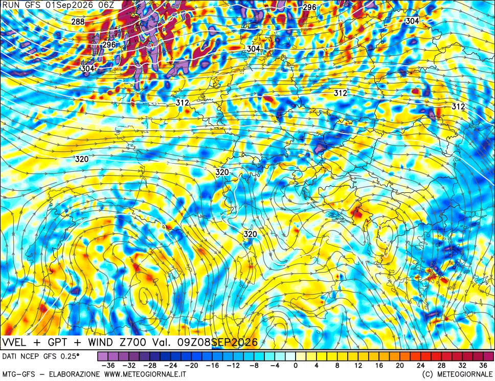 mappa 700 hPa Velocità verticiali + GPT + Vento