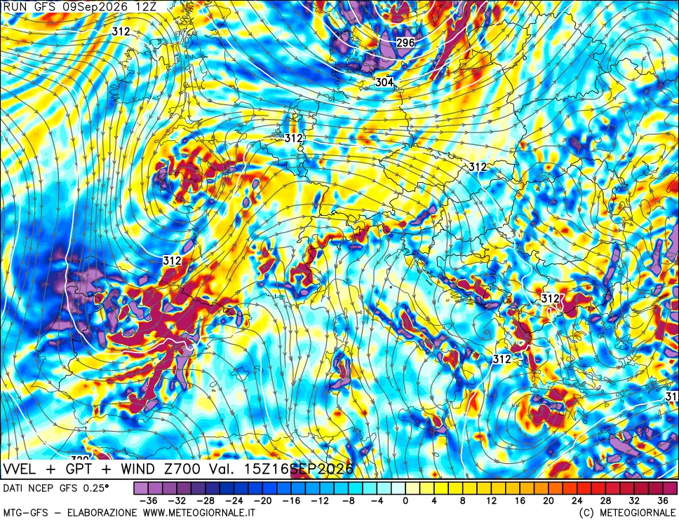 mappa 700 hPa Velocità verticiali + GPT + Vento