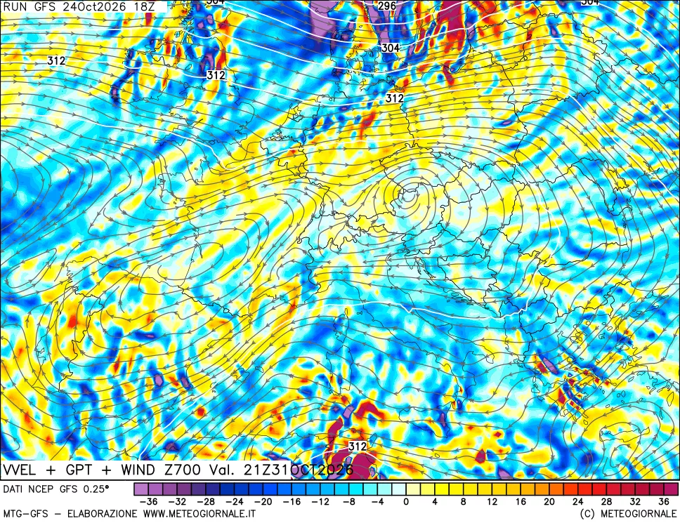 mappa 700 hPa Velocità verticiali + GPT + Vento