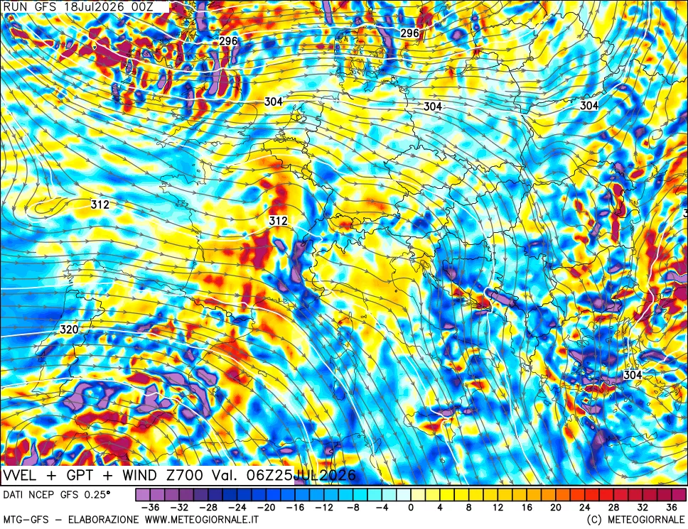 mappa 700 hPa Velocità verticiali + GPT + Vento