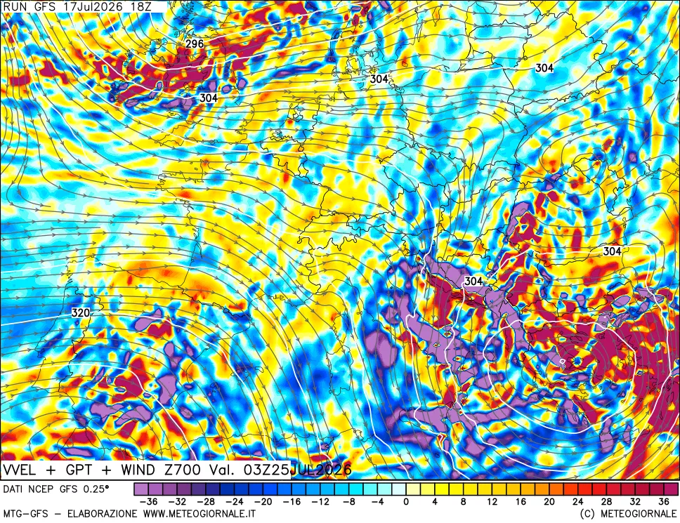 mappa 700 hPa Velocità verticiali + GPT + Vento