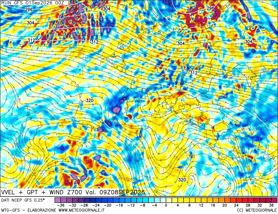 mappa 700 hPa Velocità verticiali + GPT + Vento
