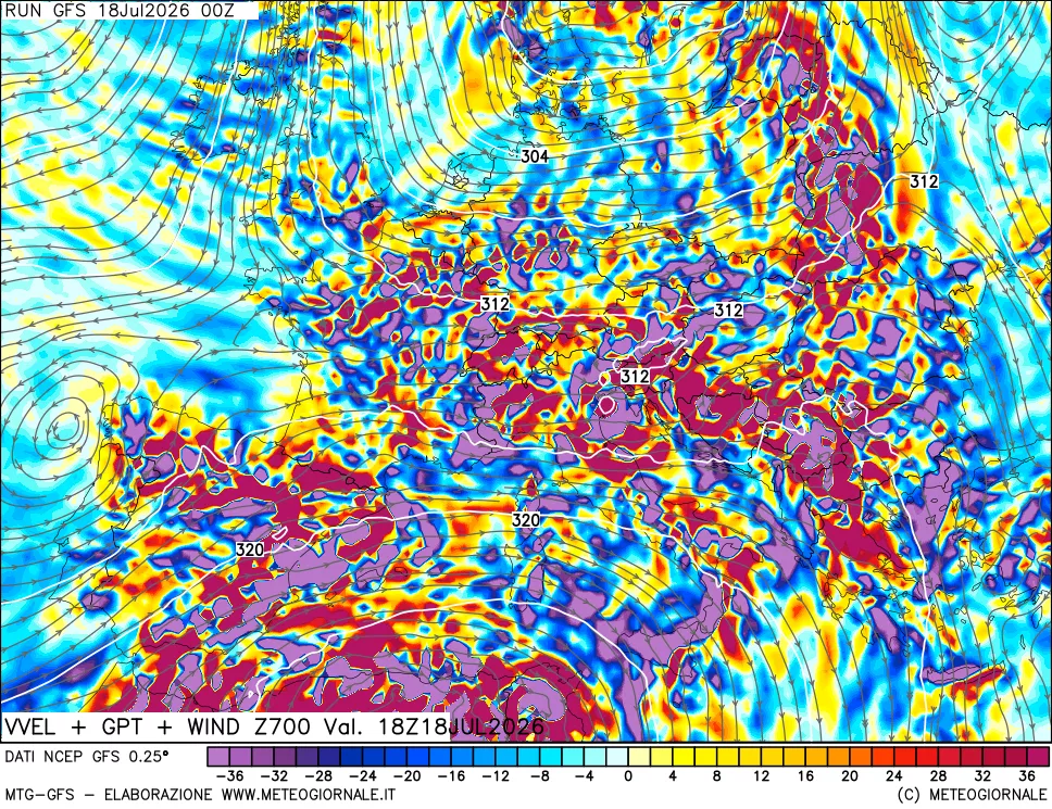 mappa 700 hPa Velocità verticiali + GPT + Vento