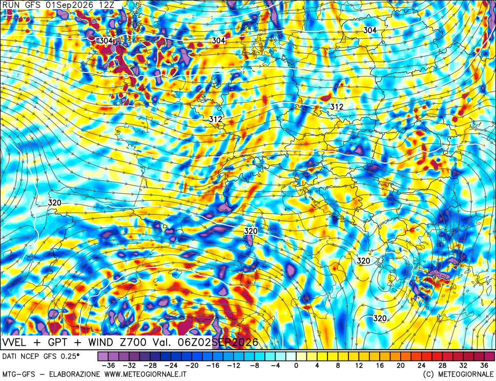 mappa 700 hPa Velocità verticiali + GPT + Vento