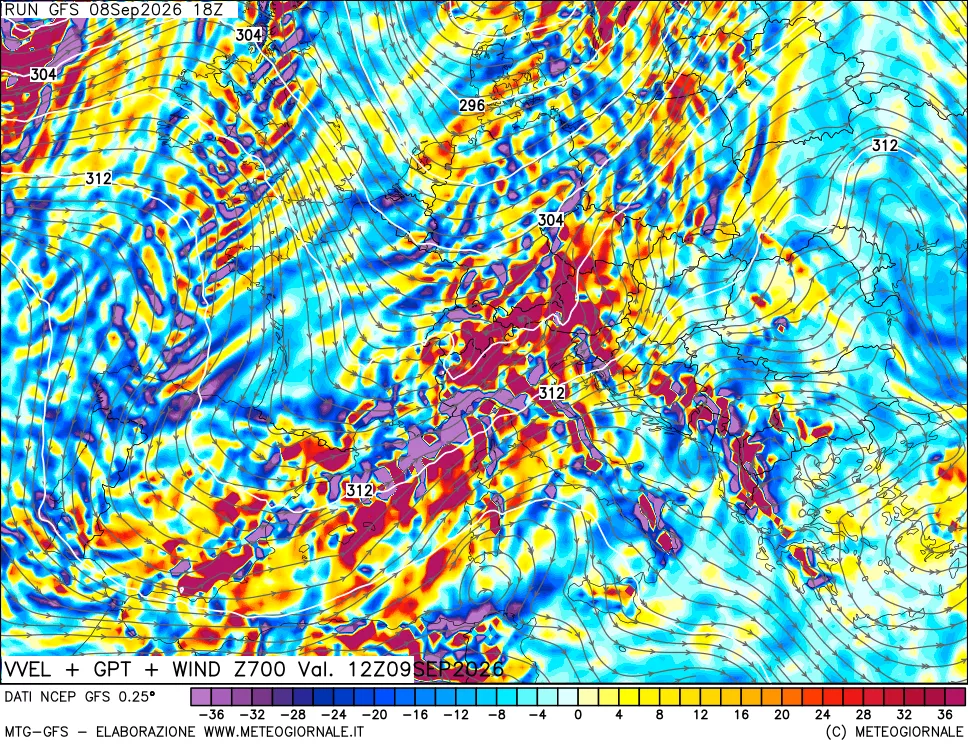 mappa 700 hPa Velocità verticiali + GPT + Vento