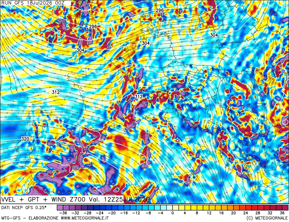 mappa 700 hPa Velocità verticiali + GPT + Vento