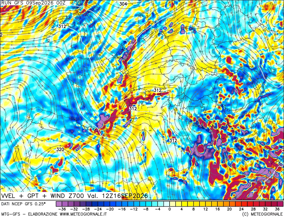mappa 700 hPa Velocità verticiali + GPT + Vento