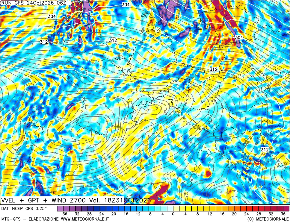 mappa 700 hPa Velocità verticiali + GPT + Vento