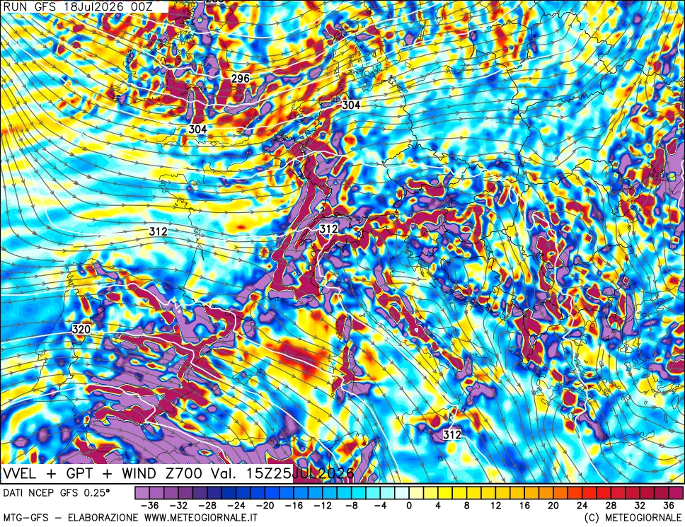 mappa 700 hPa Velocità verticiali + GPT + Vento