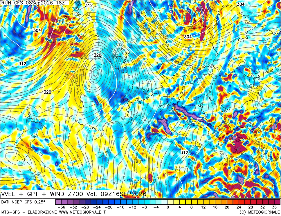 mappa 700 hPa Velocità verticiali + GPT + Vento