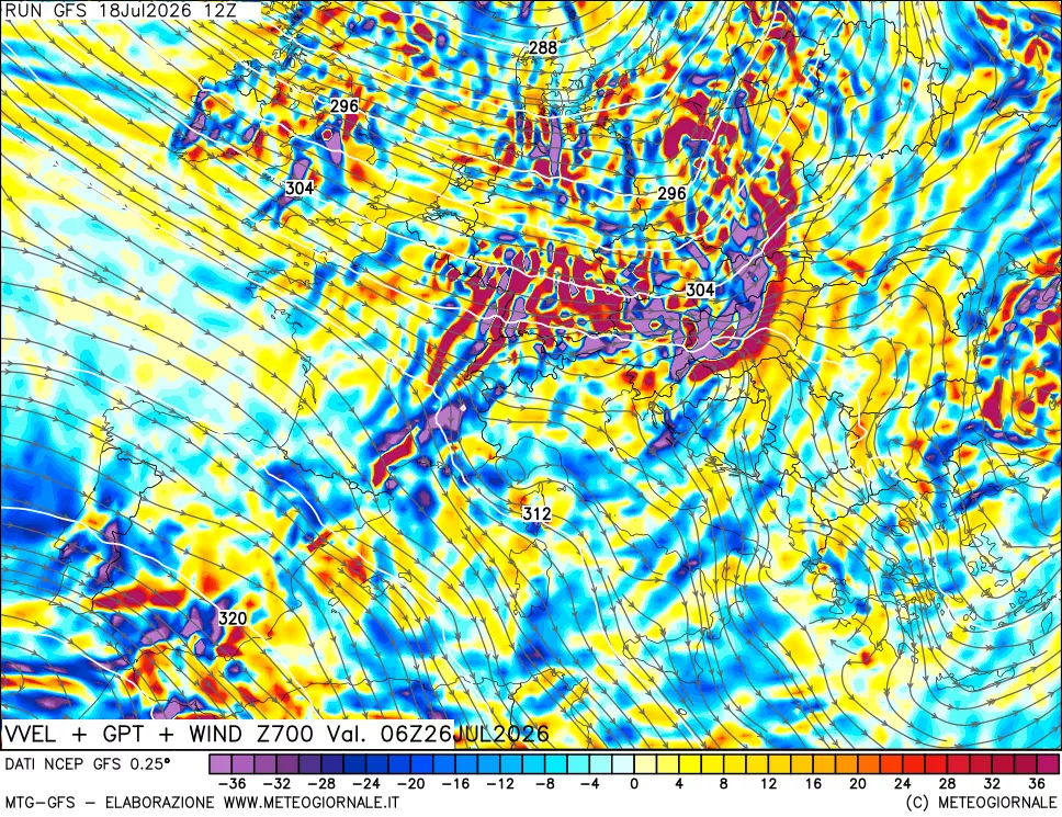 mappa 700 hPa Velocità verticiali + GPT + Vento