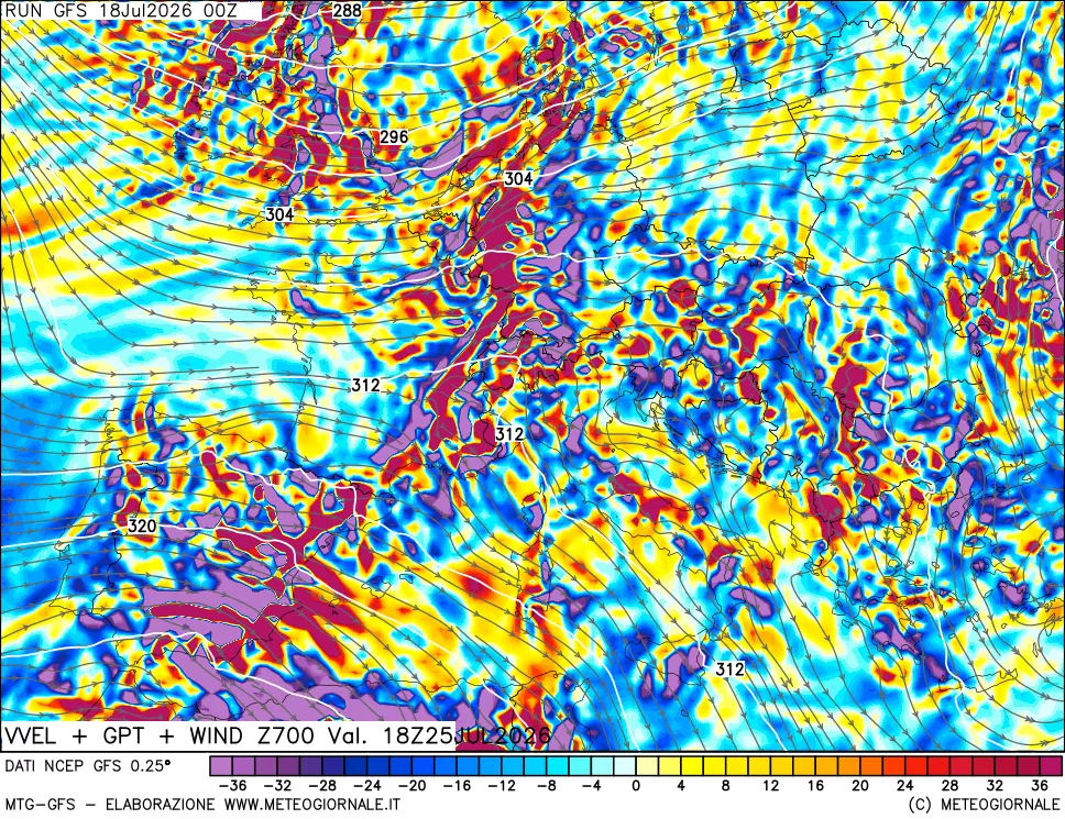 mappa 700 hPa Velocità verticiali + GPT + Vento