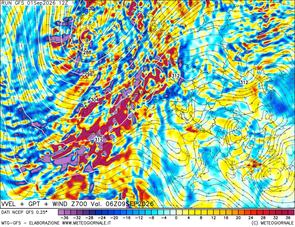 mappa 700 hPa Velocità verticiali + GPT + Vento