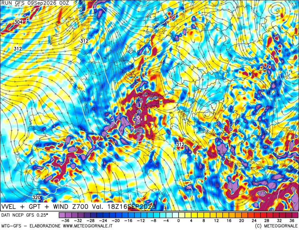 mappa 700 hPa Velocità verticiali + GPT + Vento